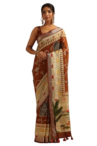 Soch Womens Rust Poly Viscose Ethnic Motifs Saree