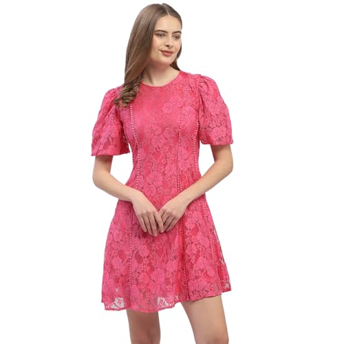 Madame Puff Sleeve Pink Lace A-Line Dress