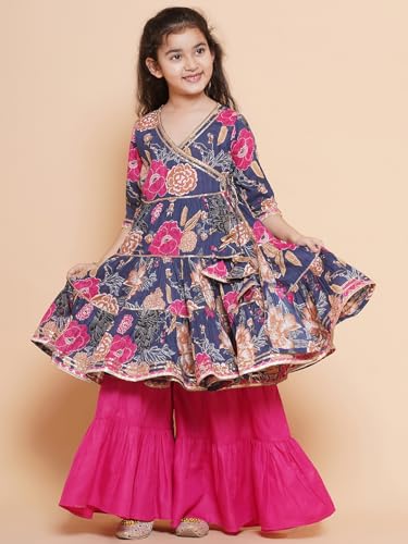 Bitiya By Bhama Girls Blue & Pink Floral Printed Angrakha Pure Cotton Gotta Patti Kurta With Sharara(TKS104)