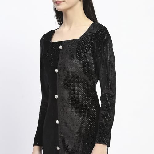 Madame Square Neck Buttoned Black Bodycon Dress for Women