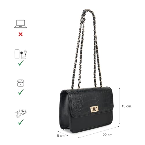 Fastrack Casual Sling Bag with Lock Closure for Girls, Medium Size with Internal Organiser and Metal Chain Strap, Made with High-Quality Faux Leather