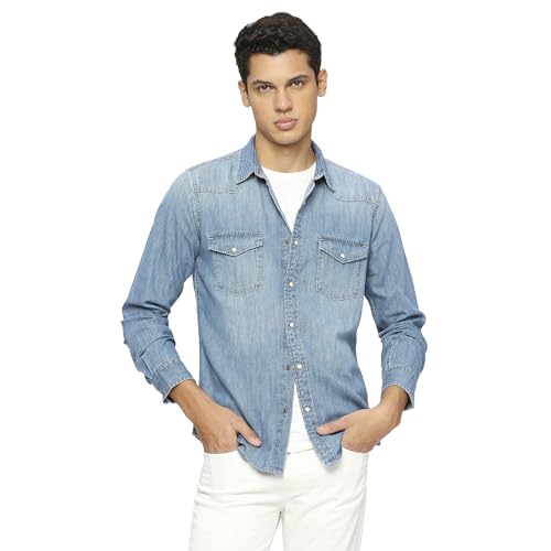 Pepe Jeans Men Cotton Solid Regular Fit Shirt (PM308261G22_MID WASH Indigo Blue, XL