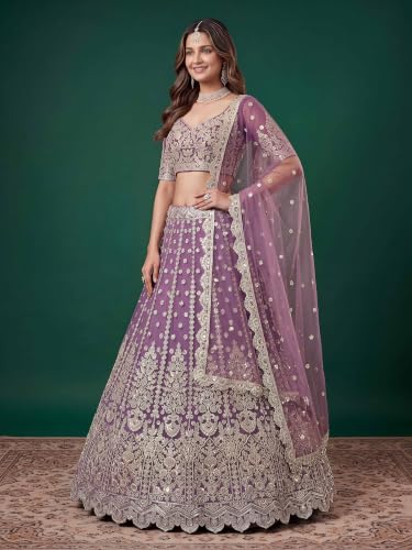Zeel Clothing Women's Zari Sequins Embroidered Work Soft Net Lehenga Choli With Dupatta (6013-Purple-Womens-Lehenga-Choli-New; Free size)