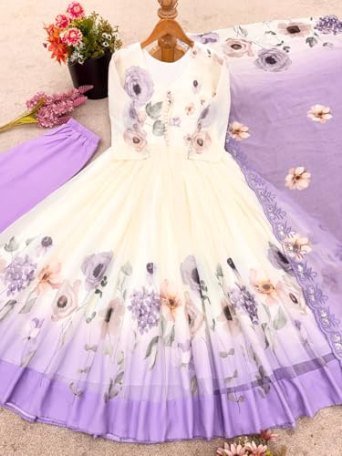 SAMUYA Women’s Fully Stitched Faux Georgette Embroidered Sequence Work Gown – Ready-to-Wear Ethnic Outfit for Parties & Festive Occasions (in, Alpha, XL, Regular) Purple and White