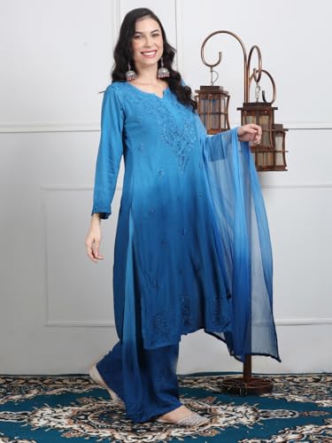 Fashion Chikan Art Women's Lucknowi Chikankari Hand-Embroidered Rayon Dyed Kurta, Palazzo & Dupatta 3-Piece Set | Festive, Ethnic & Causal Suit(2XL, Blue)