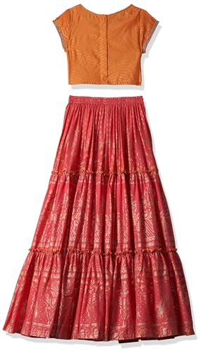 BIBA Girls Orange & Coral Art Silk Lehenga Set - Readymade