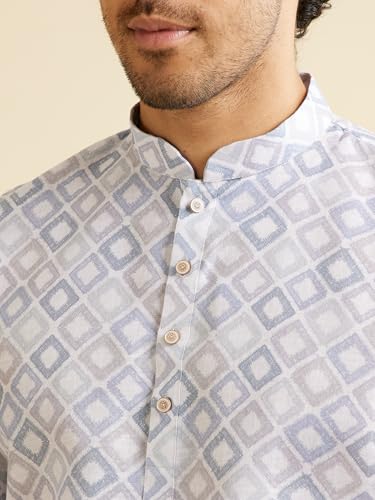 Manyavar Men's Cotton Blend Grid Patterned Short Kurta (Light Grey,XL)