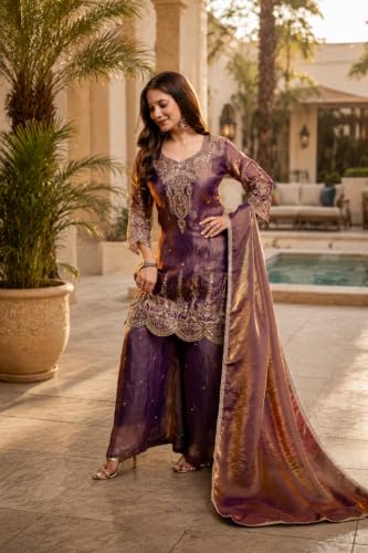 Women's Embroidered Silk Blend Kurta Set With Dupatta And Palazzo