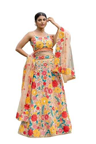 AG Clothing Women's Georgette Semi Stitched Lehenga Choli With Dupatta | Thread And Sequin Embroidery Pattern | Traditional, Wedding, Ethnic Wear Lehenga (AD-324eli-Beige)