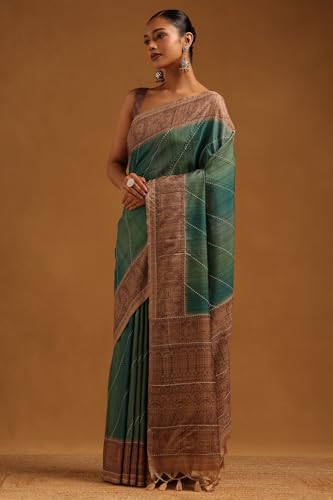 Soch Womens Teal Tussar Ethnic Motifs Saree With Thread Work
