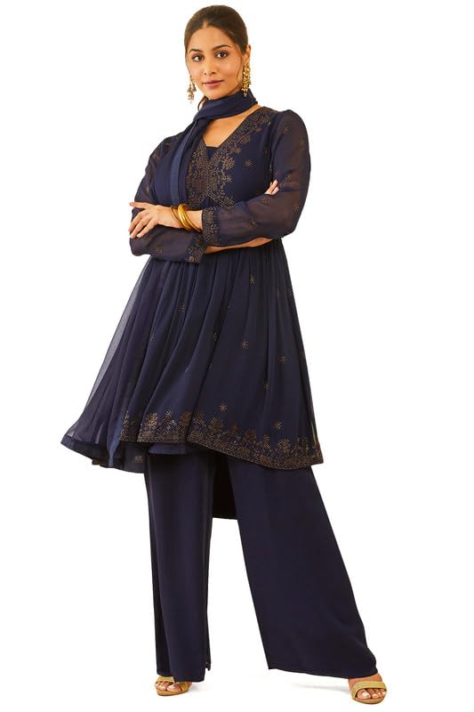 Soch Womens Navy Blue Embellished Georgette Alia Cut Suit Set