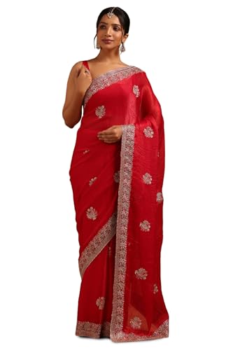 Soch Womens Red Fendy Organza Floral Saree With Stone Work