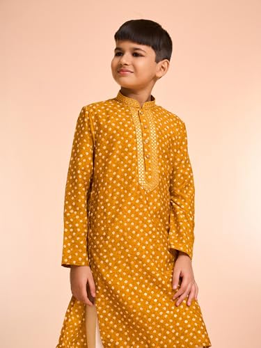 Manyavar Boys Viscose Blend Bandhani Print Kurta Pyjama Set (Mustard,2-3Y)