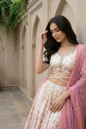 Aurelia Women's Cream Foil Printed Ethnic Motifs Blouse with Lehenga and Dupatta Set - (AS16425-510452-S)