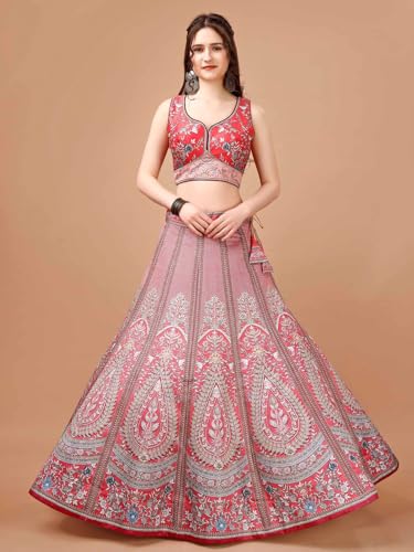 SAPTRANGI Women's Printed Ready to Wear Lehenga & Blouse with Dupatta (Pink & Grey, XS)
