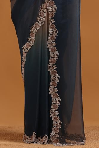 Soch Womens Blue Fendy Organza Ombre Saree With Stone Work