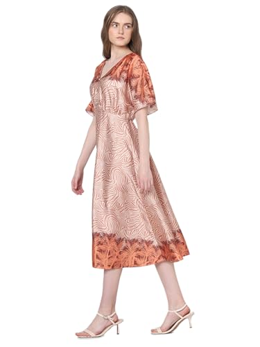 VERO MODA Women Abstract Print Orange Polyester Midi Length Fit and Flare Dress