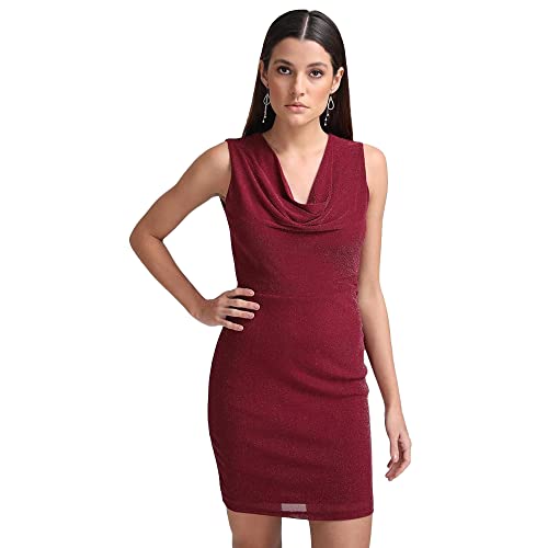 Kazo Solid Polyester Blend Cowl Neck Women's Mini Dress (Purple,Extra Small)