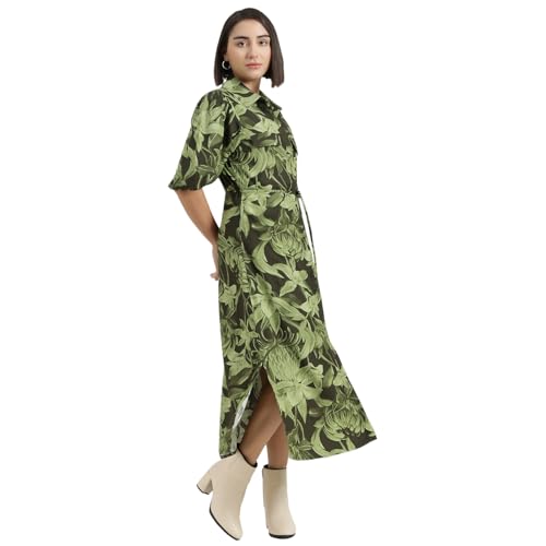 United Colors of Benetton Regular Fit Spread Collar Tropical Printed Dress (Size : L) - 26P4DRESS057I902 Green