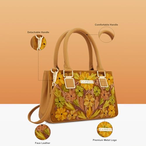 Caprese Siji Tresna Medium Satchel Bag for Women with Adjustable & Detachable Strap | Kashida Embroidery Shoulder Bag | Crossbody & Handheld Bag for Work, Travel, and Everyday Use (Brown)