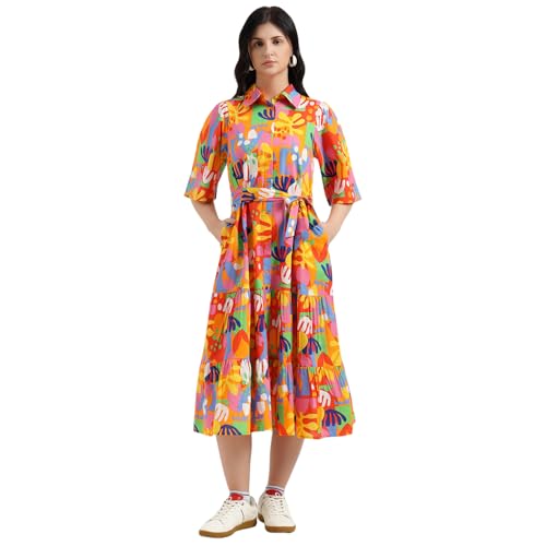 United Colors of Benetton Regular Fit Spread Collar Printed Dress (Size : XS) - 26P4WVDRL164I901 Multicolour