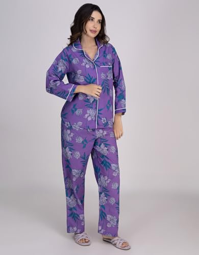 Moomaya Women's Cotton Printed Nightwear Set - Notch Lapel Shirt & Pajama Lounge Suit
