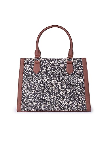 ZOUK FloMotif Floral Printed Jute Handcrafted Vegan Leather Black Women's Satchel Bag | Ladies Purse Handbag | Double Handle Detachable Strap