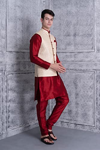 Ethluxis Men's Silk Blend Maroon Kurta Churidar Pyjama with Stylish Bundi Nehru Jacket Waistcoat (36, Maroon/Golden)