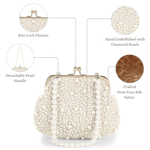 Anekaant Pearl Embellished Pochette Clutch for Women | Ivory Faux Silk Bag for Festive, Wedding & Evening Occasions