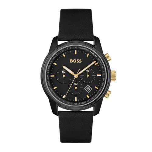 Hugo Boss Trace Leather Analog Men's Watch-1514003 (Black Dial Black Colored Strap)