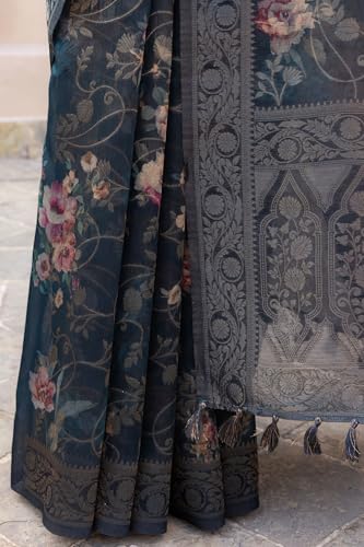 Soch Womens Green Chanderi Floral Print Saree With Zari Woven