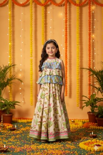 Naixa Girl's Rayon Floral Pattern Lehenga Choli Set with Sleeveless Round Neck and Elastic Closure Type| Ready to Wear Lehenga Choli Set