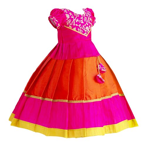 Stanwells Kids Orange & Pink Combo Flared Dress Puff Sleeves Readymade Hand Sequins Embroidery Ethnic Traditional Full Length South Indian Baby Girls Lehenga Choli (6–12 Months)