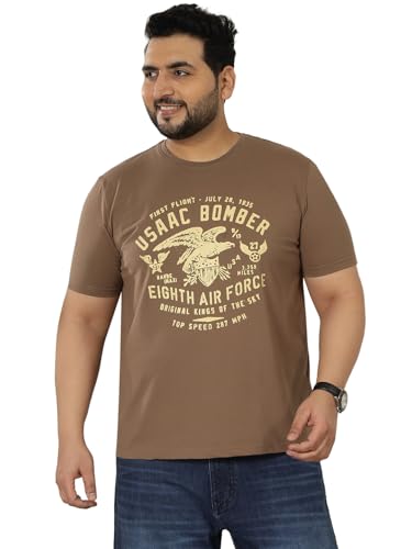 JOHN PRIDE Plus Size Men Regular Fit Printed Short Sleeves Brown Round Neck Stretchable T-Shirt (JPTSR32446_6XL_Brown)