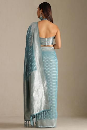 Soch Womens Turquoise Blue Tussar Woven Design Saree