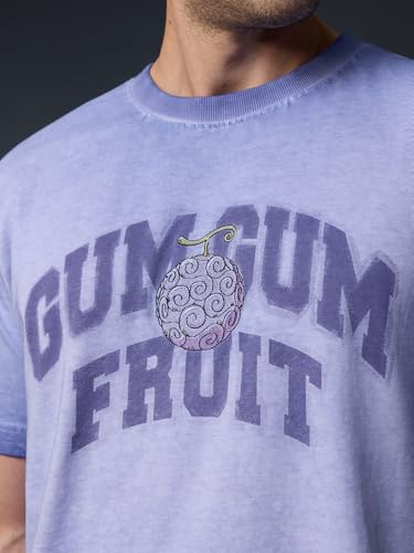 The Souled Store One Piece: Gum-Gum Fruit Men and Boys Short Sleeves Round Neck Lavender Embroidered Casual Lightweight Streetwear Trendy T-Shirts