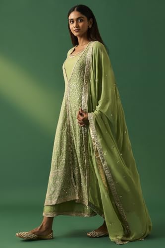 Wishful Women's Green Embroidered Anarkali Dress with Churidar and Dupatta Set - (SP12858-401187-L)