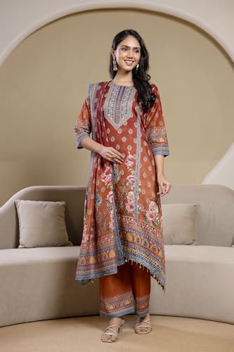 NIVANA Embroidered & Printed Asymmetric Kurta with Palazzo & Printed Dupatta| S | Rust | Paisley & Floral Print | 3 Piece Ethnic Set