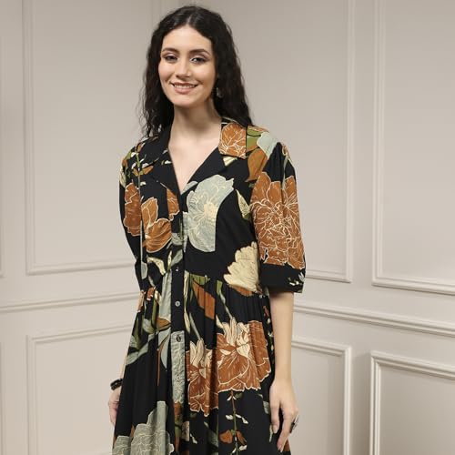 Biba Women Black Viscose Rayon Straight Printed Dress_40