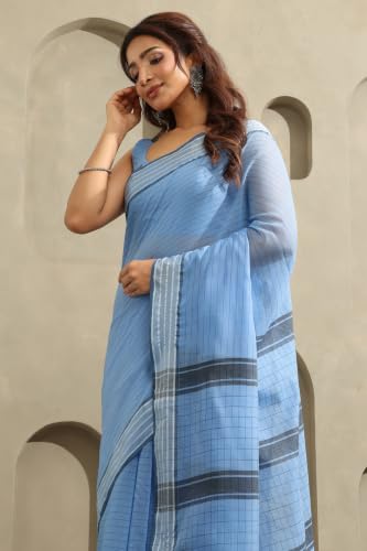 Soch Womens Light Blue Cotton Striped Saree