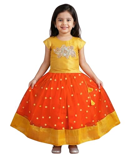 Stanwells Kids Girls Lehenga Choli Ruffle Pattern Dress Half Sleeves Readymade Hand Sequins Embroidery Ethnic Traditional Full Length South Indian Girl Lehnga Choli(Orange)(5-6 Years)