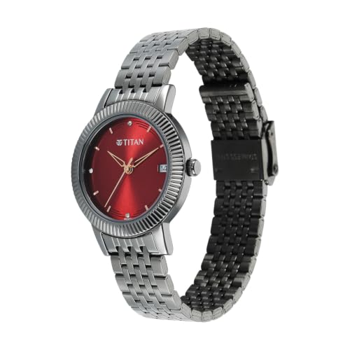 Titan Plain 3 Hands Karishma Red Round Dial Gun Plating Stainless Steel Strap Womens Watch - NU2968QM01