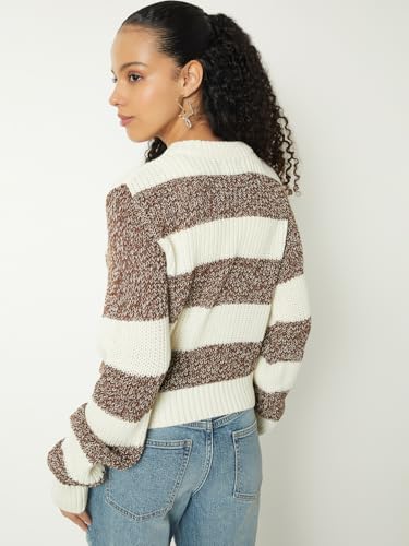 Max Women Boxy Fit Striped Sweater (Green_M)