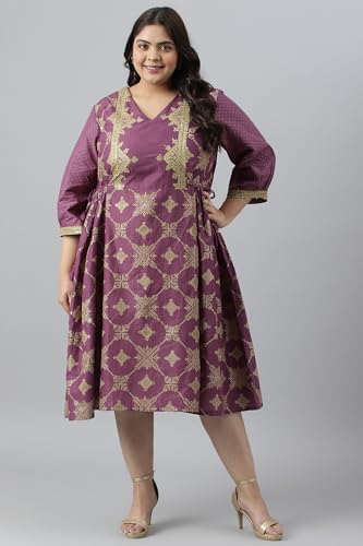 W for Woman Women's Cotton Plus Size Purple Festive Gathered Dress with Sequin Calf Length Orchid