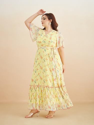 Miss Chase A+ Women's Bohemian V-Neck Flutter Sleeve Chiffon Relaxed Fit Wrap Maxi Dress (APAW24D94-14-PAC-09, Multicolored Base Marigold Yellow, 4XL)
