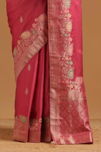 Soch Womens Onion Pink Satin Botanical Zari Woven Saree