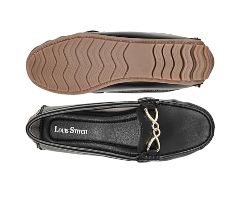 LOUIS STITCH Women's Black Premium Slip-On Loafers with Buckle | Elegant Solid Slip-On Comfort Shoes for Casual and Formal Wear | Slip-On Loafer Shoes for Women | LSLD-BLR-HS02-JB | UK-8