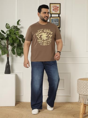 JOHN PRIDE Plus Size Men Regular Fit Printed Short Sleeves Brown Round Neck Stretchable T-Shirt (JPTSR32446_6XL_Brown)