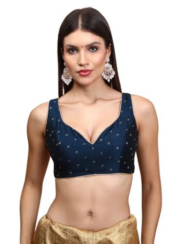 S SALWAR STUDIO Navy Blue Silk Sleeveless Readymade Blouse