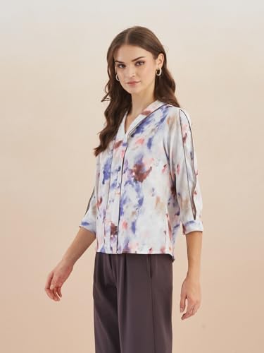 Latin Quarters Women White 3/4Th Sleeves V-Neck Tie-Dye Top for Casual_L